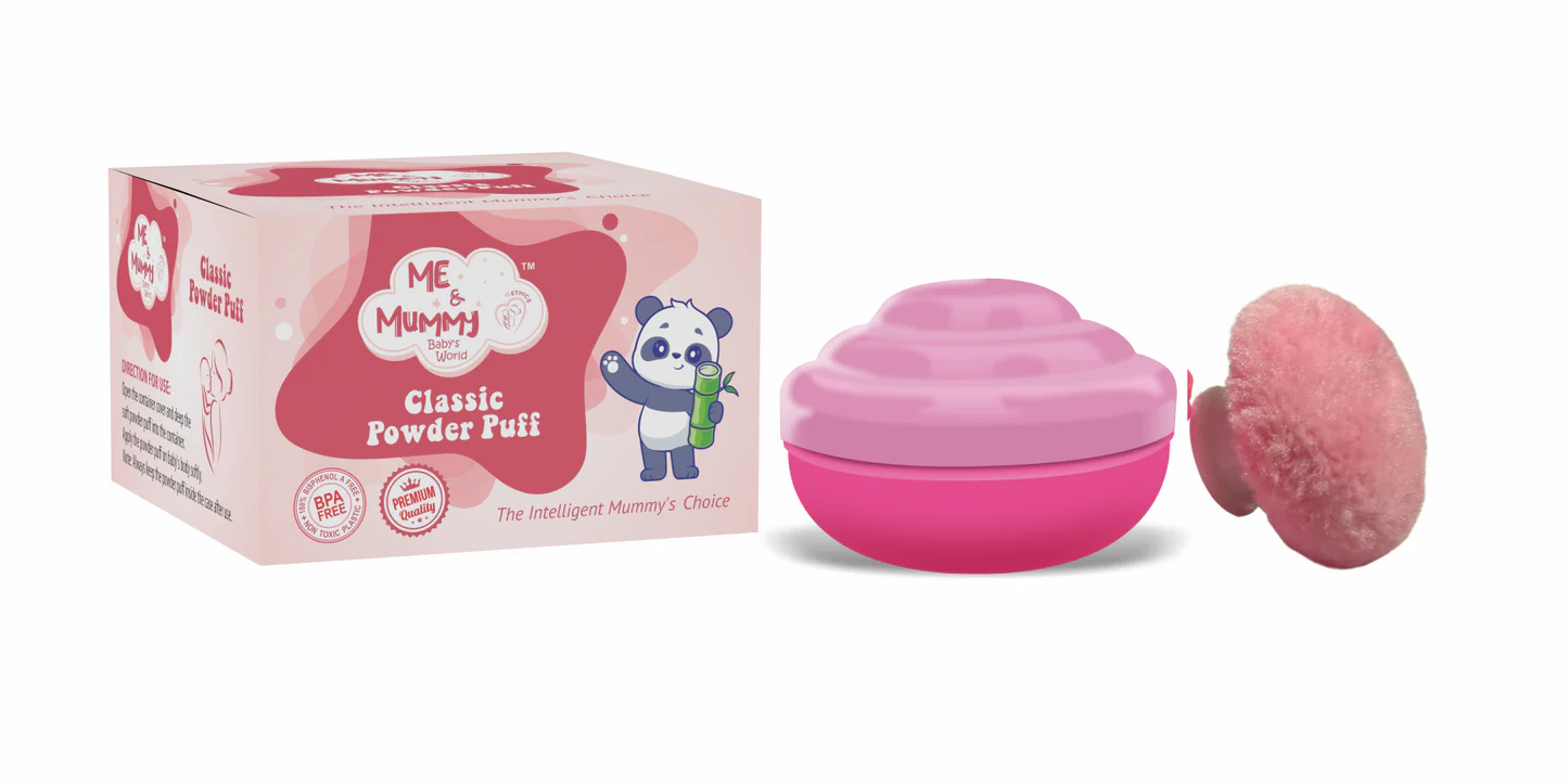 Me and mummy panda Soft-Feel Powder Puff with with Box Holder Container for New Born and Kids | Gentle Touch for Your Little One's Skin | BPA-Free (Single Pack)