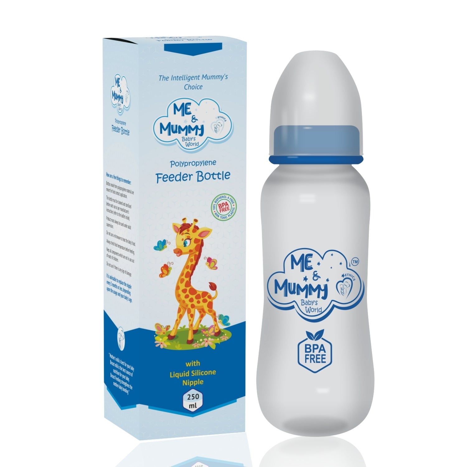 Giraffe anti-Colic Slim Regular Neck Essential Bpa-Free Baby Feeding Bottle, 250Ml, Pack Of 1, Blue + Transparent