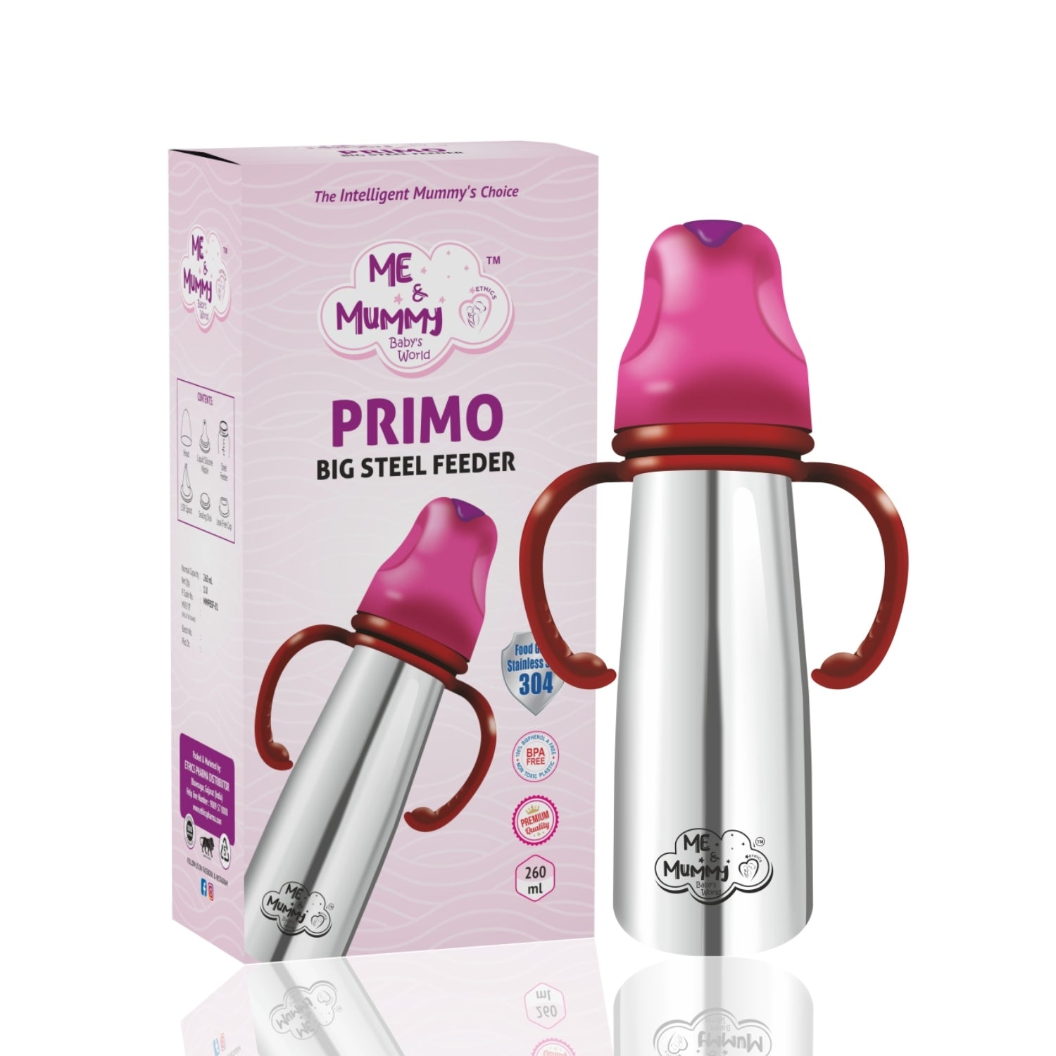 Me and mummy primo Stainless Steel Feeding Bottle for Baby | Premium Stainless Steel | Anti-Colic | BPA Free | Safe and Hygenic (260 ml - Regular Neck, Feeding Bottle)