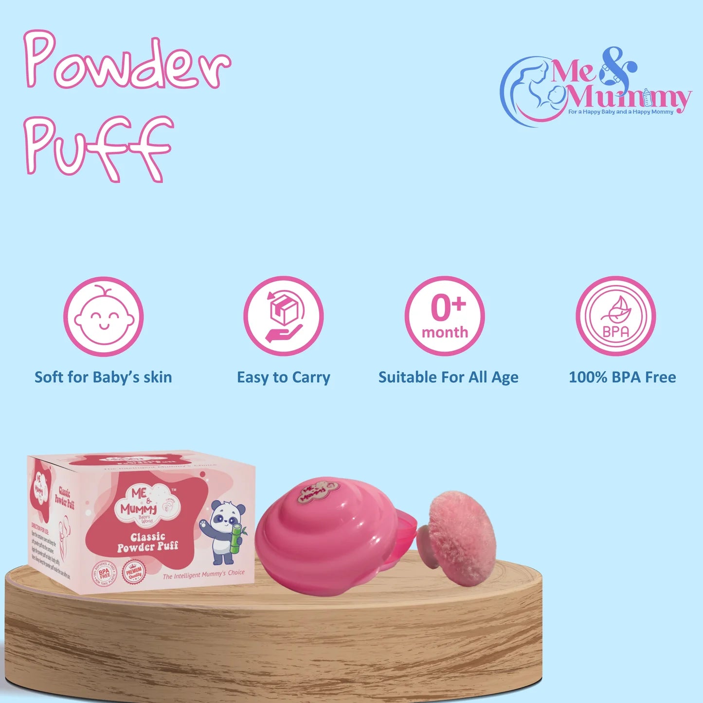 Me and mummy panda Soft-Feel Powder Puff with with Box Holder Container for New Born and Kids | Gentle Touch for Your Little One's Skin | BPA-Free (Single Pack)
