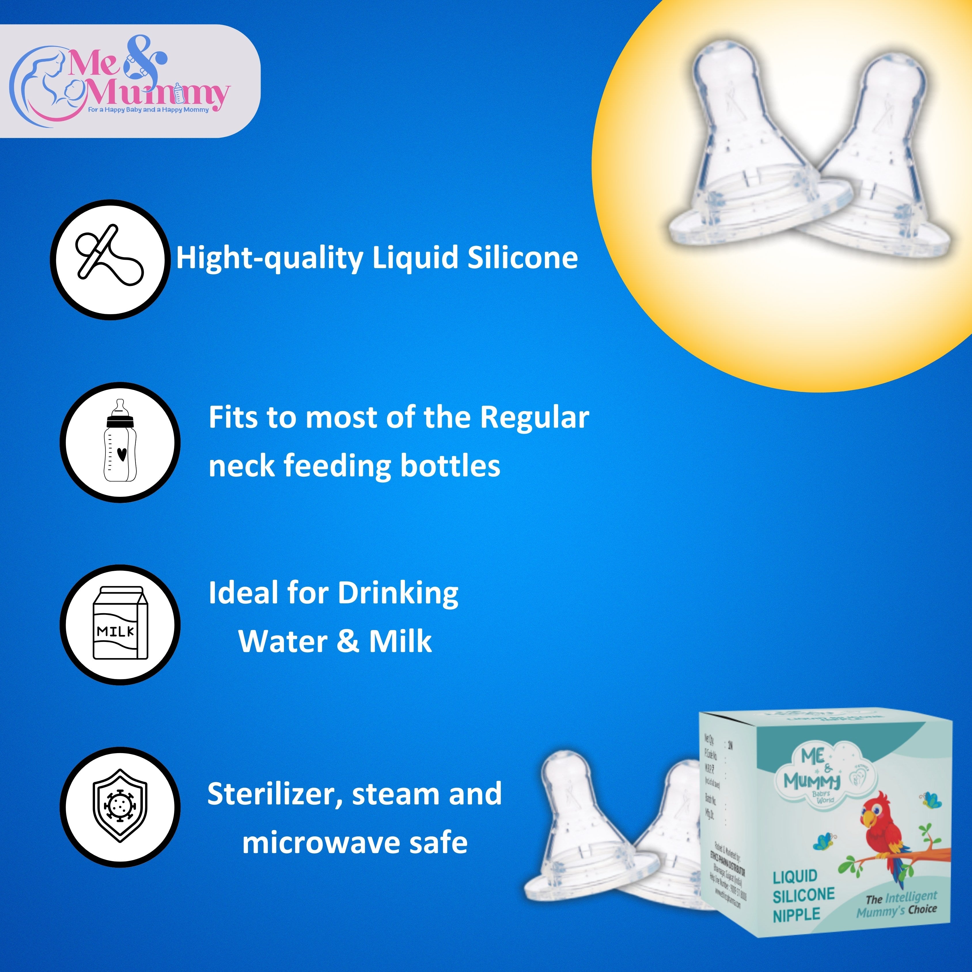 Me and Mummy Anti-Colic Essential Teat/Nipple for Slim Neck Bottle,4pcs ,Made of Soft & Flexible Silicone, Ergonomic Shape, Mimics Breastfeeding, Leak Proof, BPA Free, Comes with Sturdy Base (Pack Of 4)