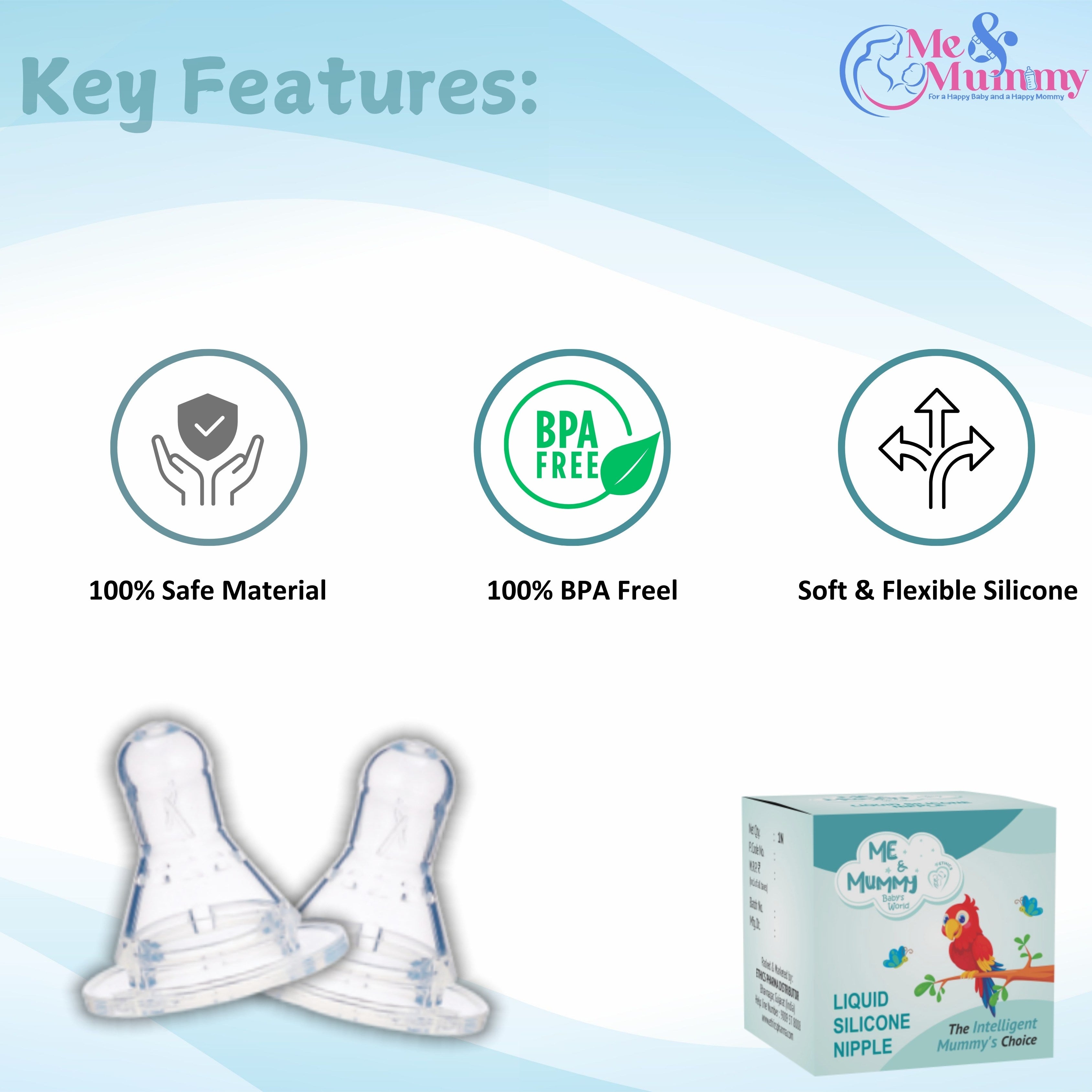 Me and Mummy Anti-Colic Essential Teat/Nipple for Slim Neck Bottle,4pcs ,Made of Soft & Flexible Silicone, Ergonomic Shape, Mimics Breastfeeding, Leak Proof, BPA Free, Comes with Sturdy Base (Pack Of 4)