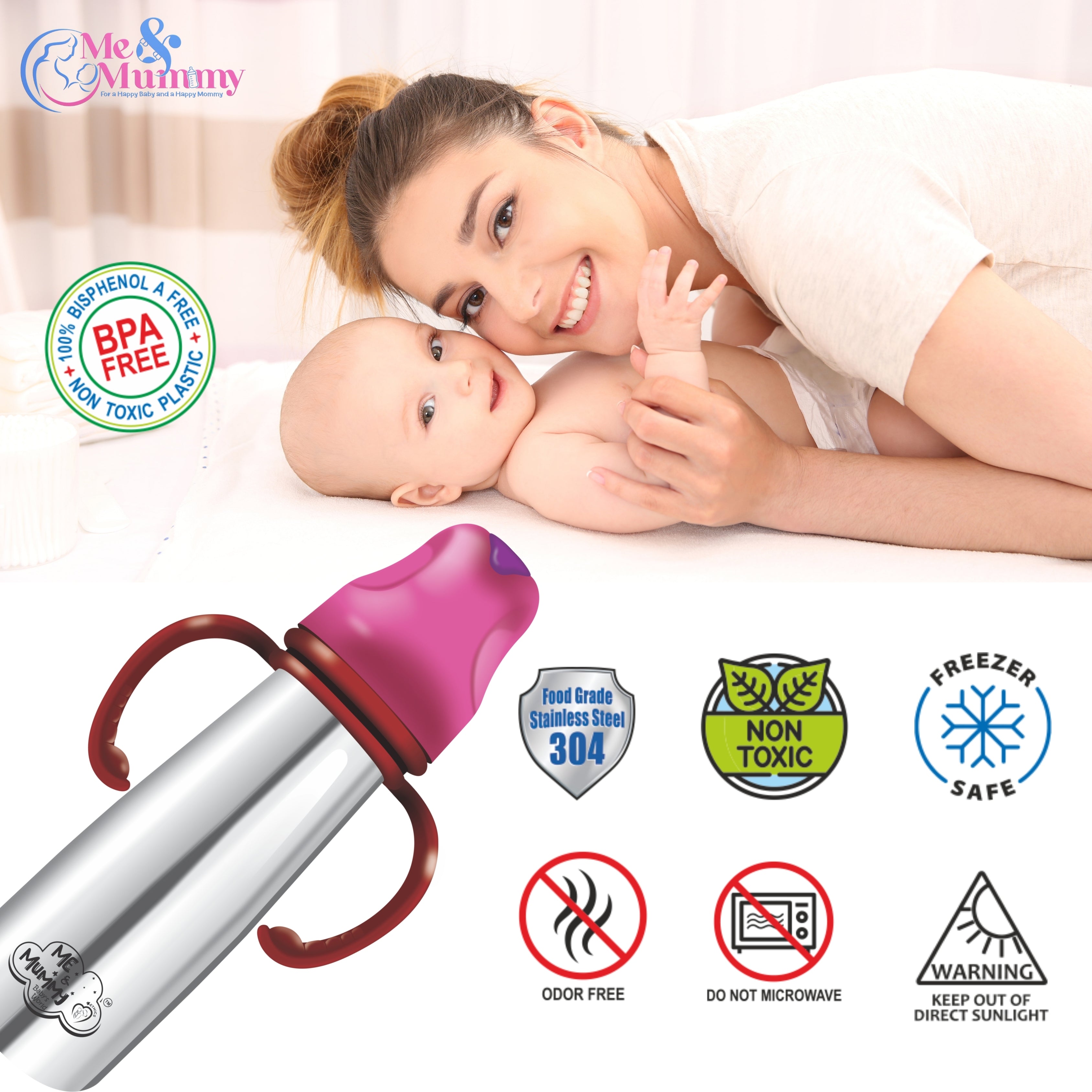 Me and mummy primo Stainless Steel Feeding Bottle for Baby | Premium Stainless Steel | Anti-Colic | BPA Free | Safe and Hygenic (260 ml - Regular Neck, Feeding Bottle)