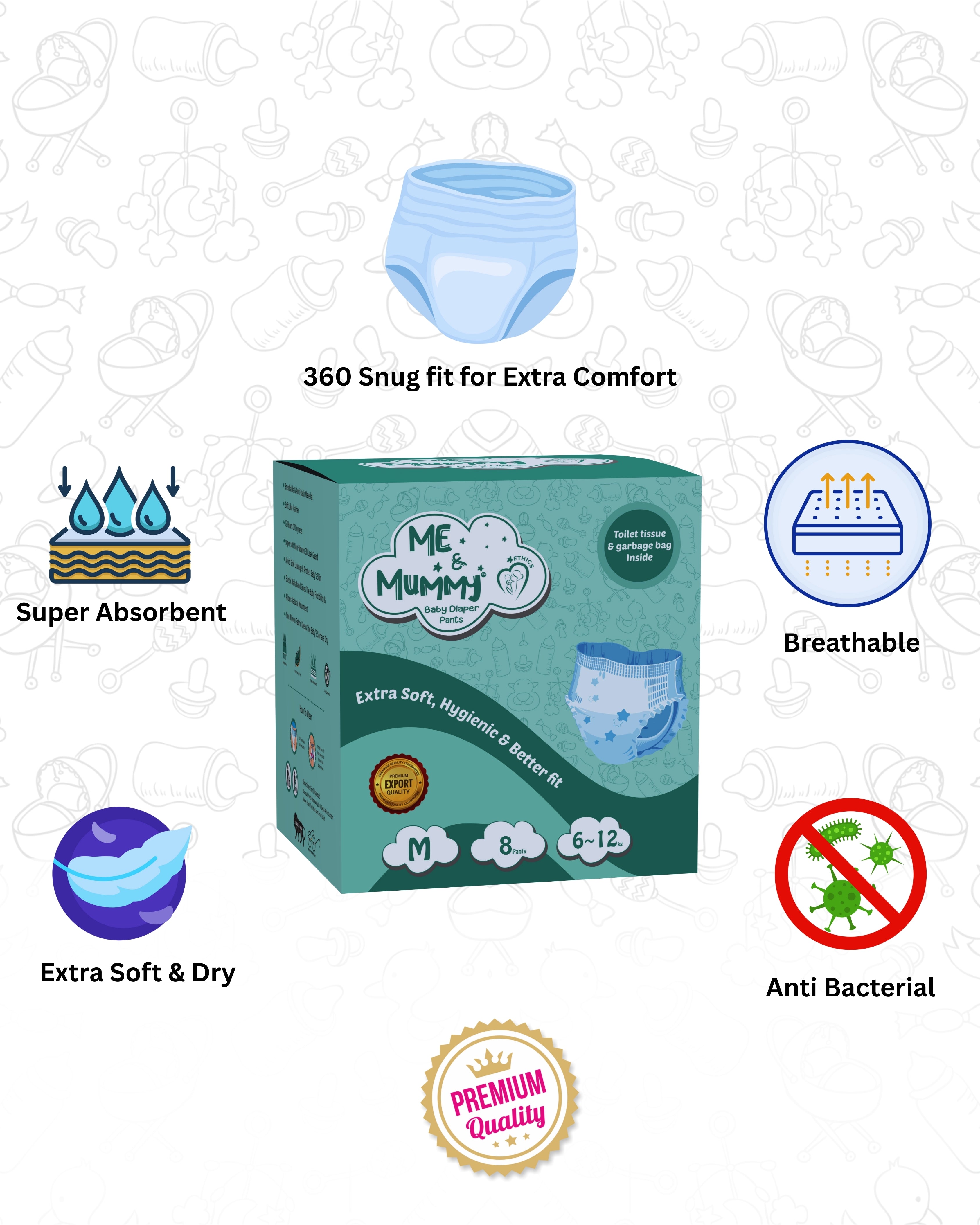 Medium Baby Diaper Pants ( For 6 to 12 kg) (Trial-08pcs)