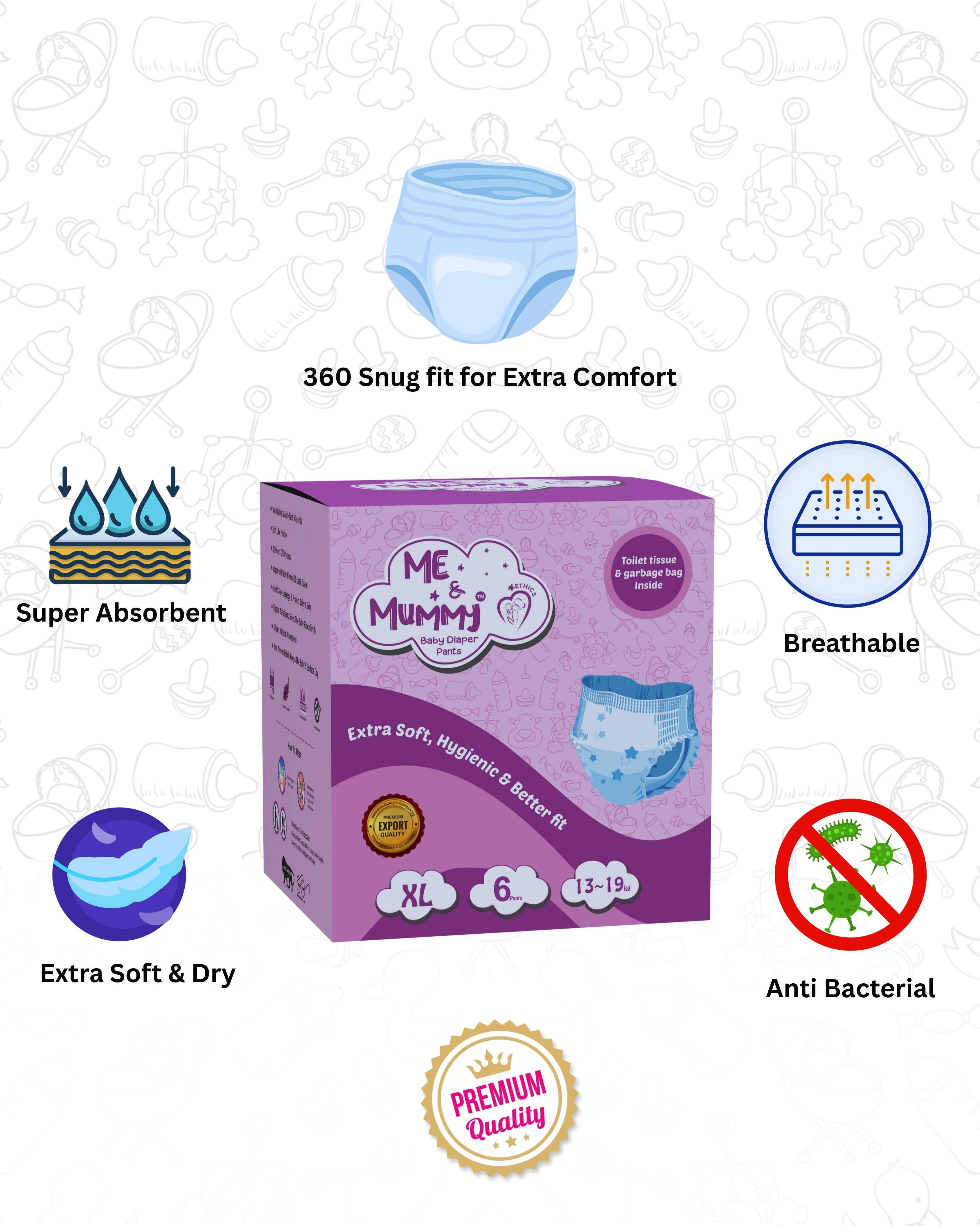 Xtra Large Baby Diaper Pants ( For 13to19 kg)(Trial-06pcs)