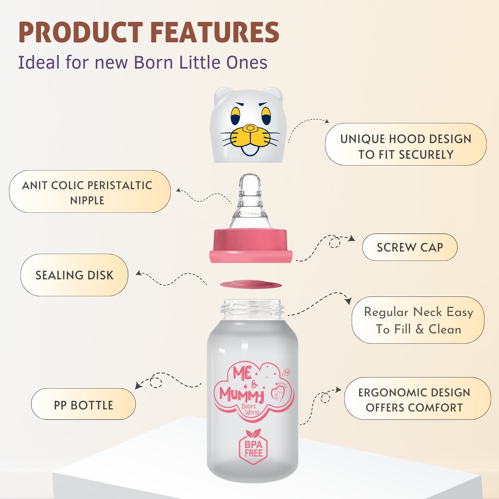 Leapord Anti-Colic Slim Regular Neck Essential Bpa-Free Baby Feeding Bottle, 125Ml, Pack Of 1, Pink