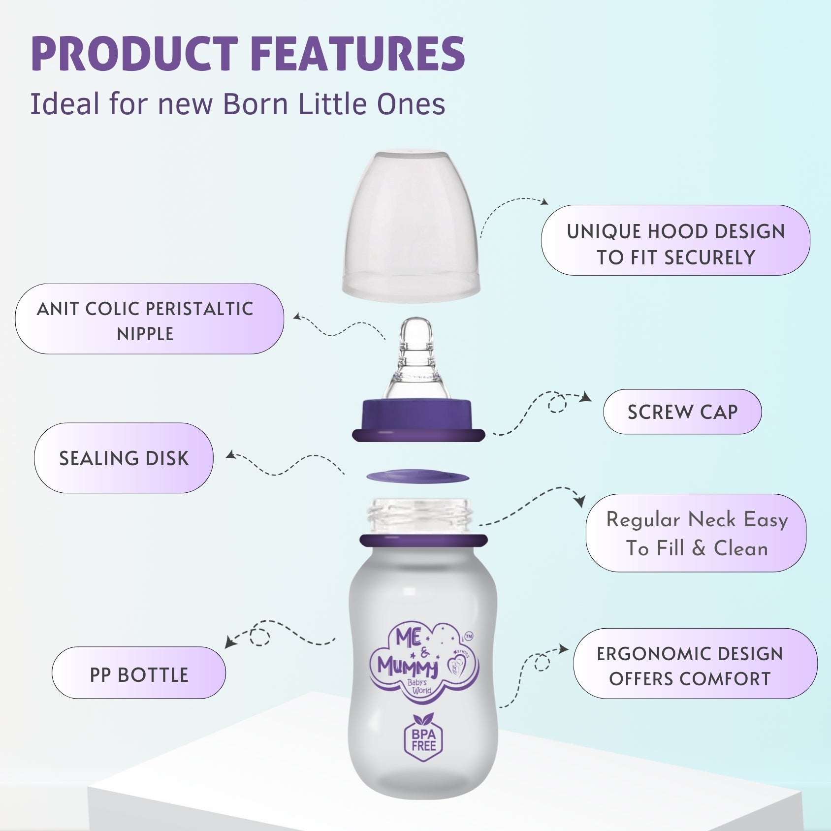 Elephant Anti-Colic Slim Regular Neck Essential Bpa-Free Baby Feeding Bottle, 125Ml, Pack Of 1, purple