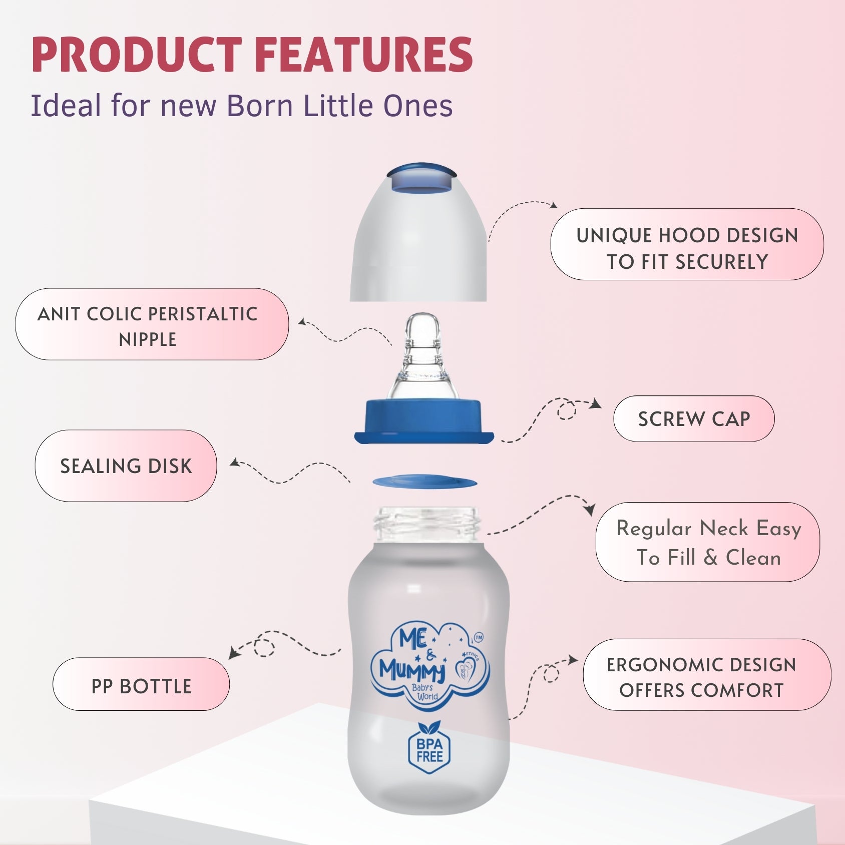 RhinoAnti-Colic Slim Regular Neck Essential Bpa-Free Baby Feeding Bottle, 125Ml, Pack Of 1, Magenta