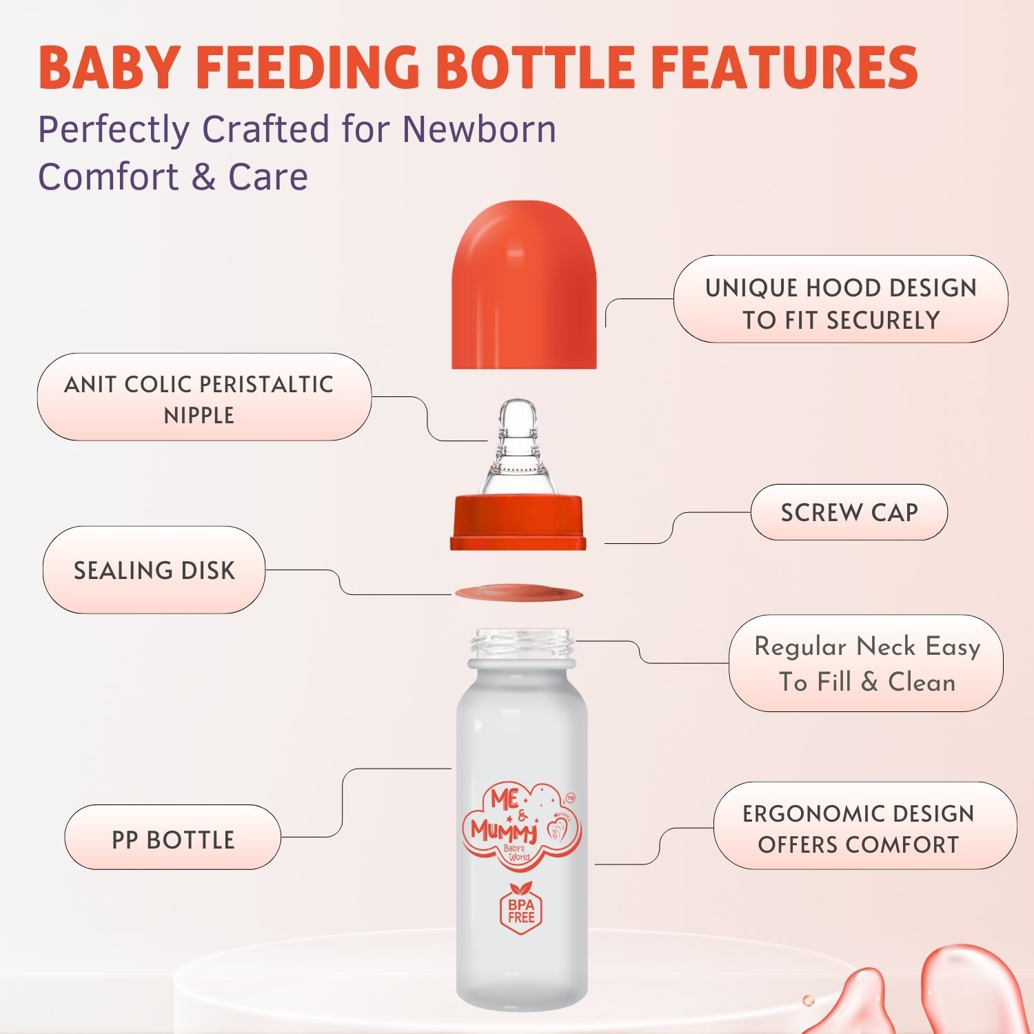 Camel anti-Colic Slim Regular Neck Essential Bpa-Free Baby Feeding Bottle, 250Ml, Pack Of 1, Orange+Transparent