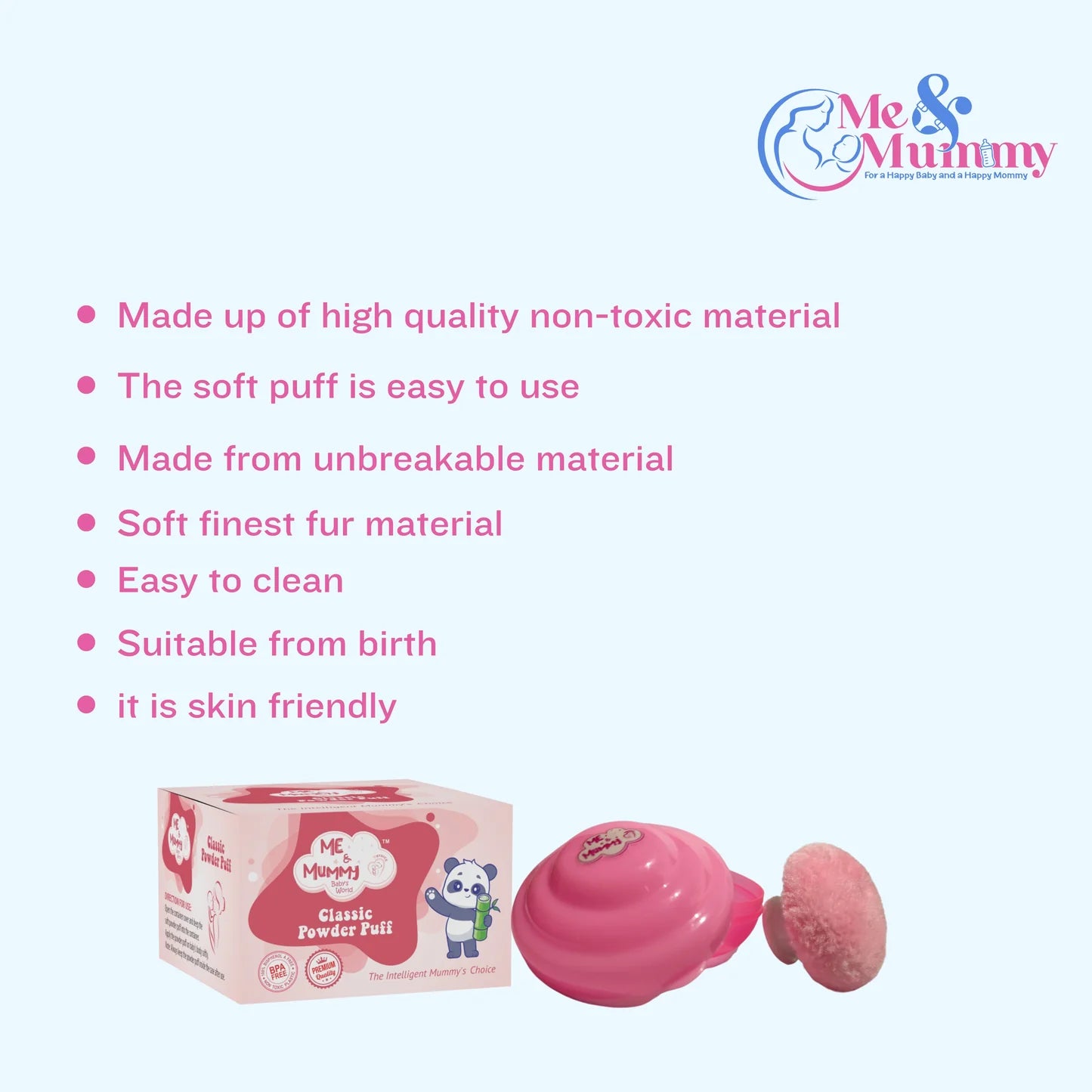 Me and mummy panda Soft-Feel Powder Puff with with Box Holder Container for New Born and Kids | Gentle Touch for Your Little One's Skin | BPA-Free (Single Pack)