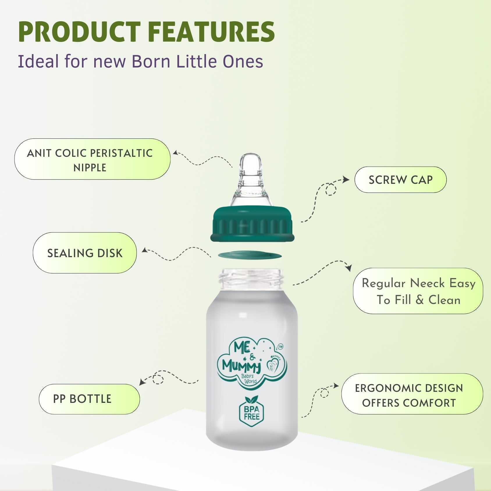 DEER Anti-Colic Slim Regular Neck Essential Bpa-Free Baby Feeding Bottle, 125Ml, Pack Of 1, GREEN