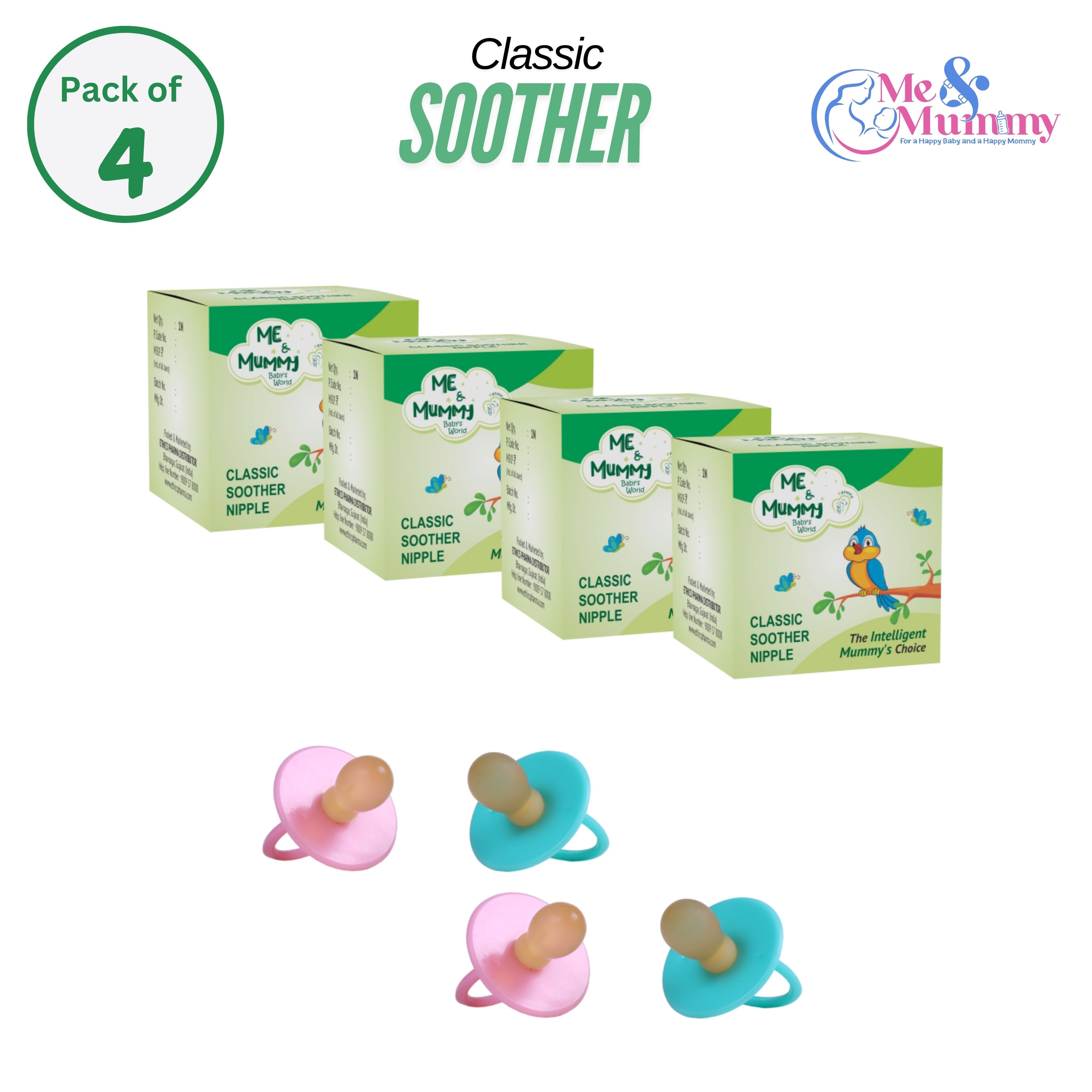 Baby Classic Soother/Pacifier Soft Rubber Nipple| BPA Free | Oral stimulatory | Teether | Pack of 4(No Cap) | 0-6 months + Kids
