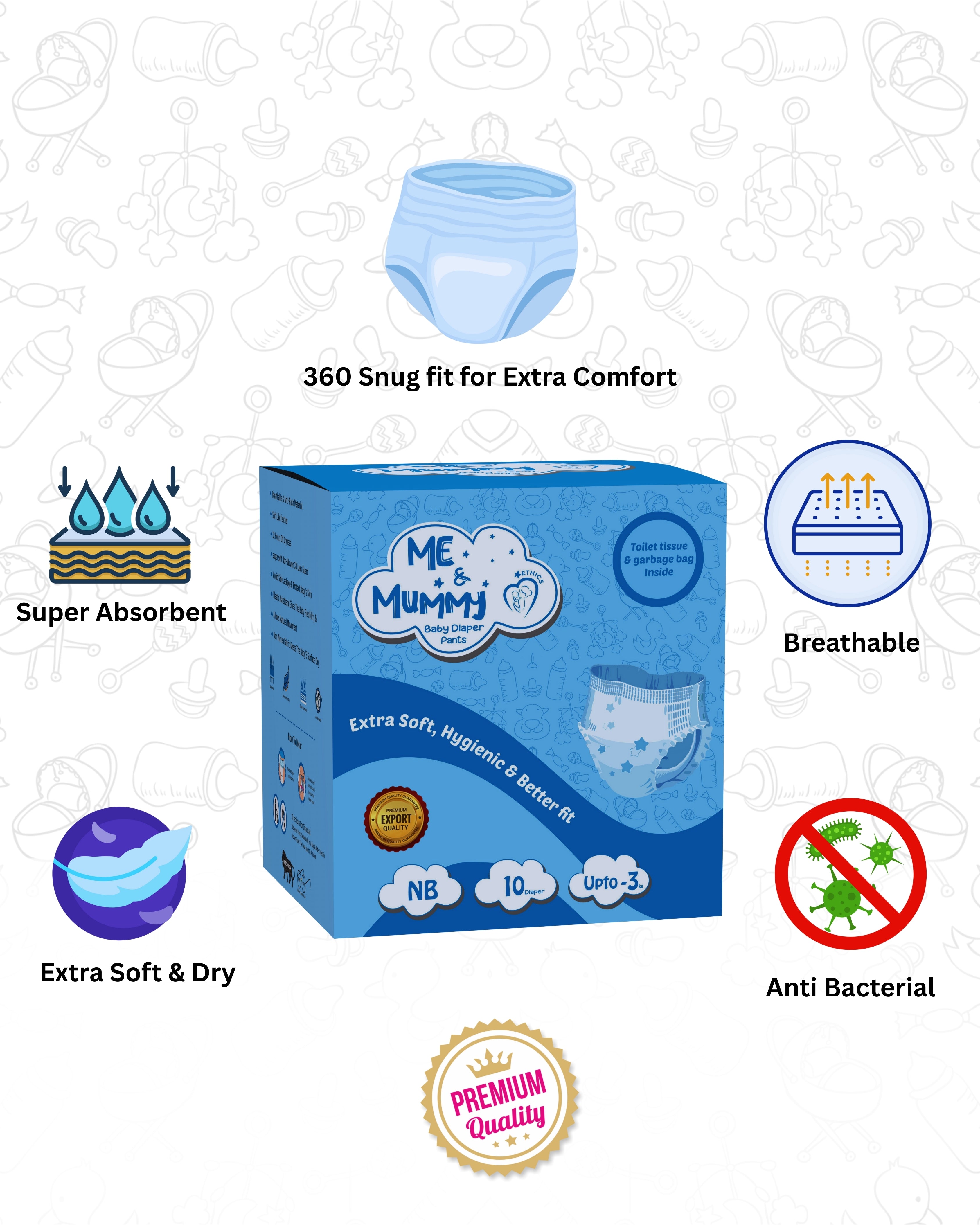 New Born  Baby Diaper Pants ( Up to 3 kg)|PANT STYLE|VELCRO TYPE (Trial-10pcs)