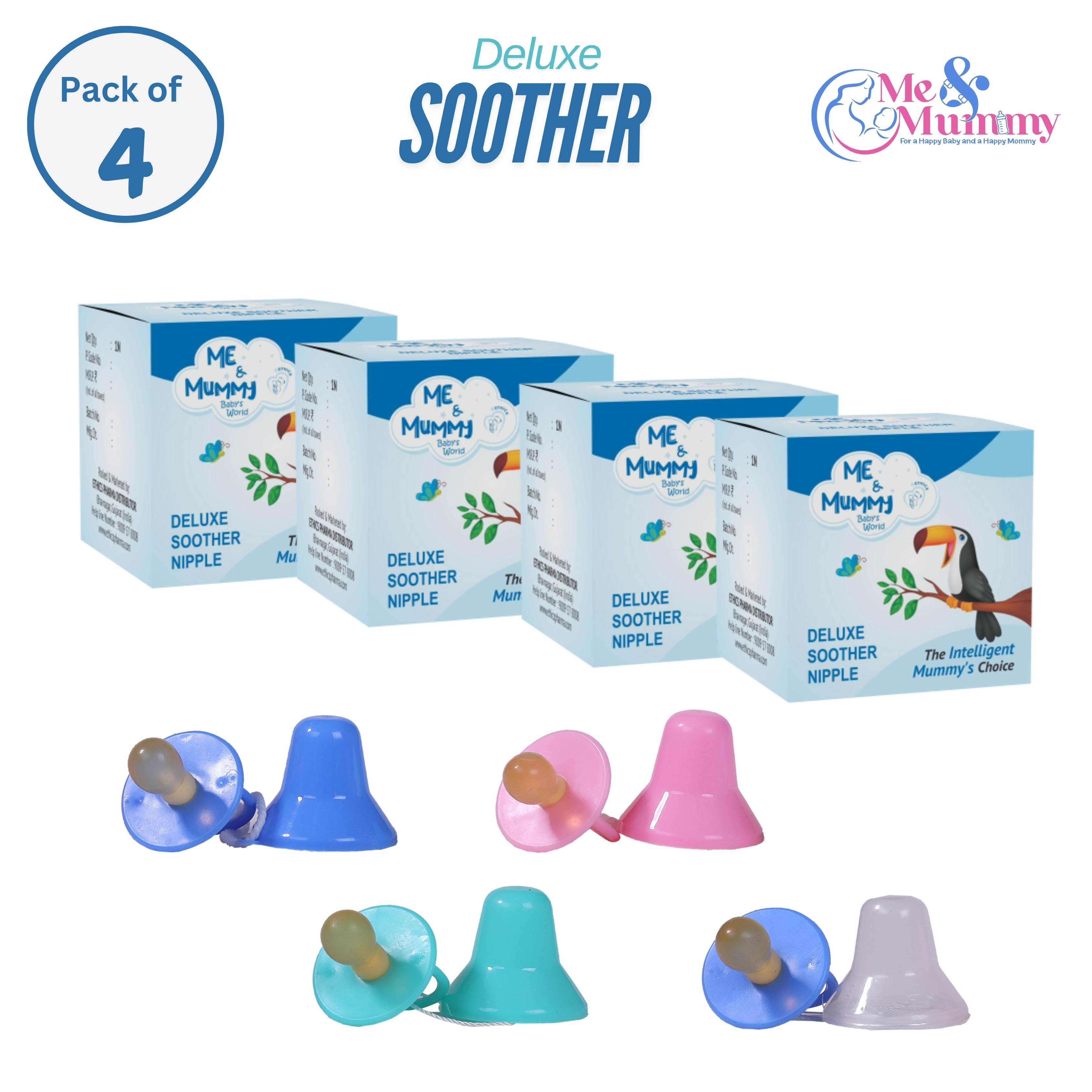 Baby Deluxe Soother/Pacifier Soft Rubber Nipple| BPA Free | Oral stimulatory | Teether | Pack of 4(with Cap) | 0-6 months + Kids
