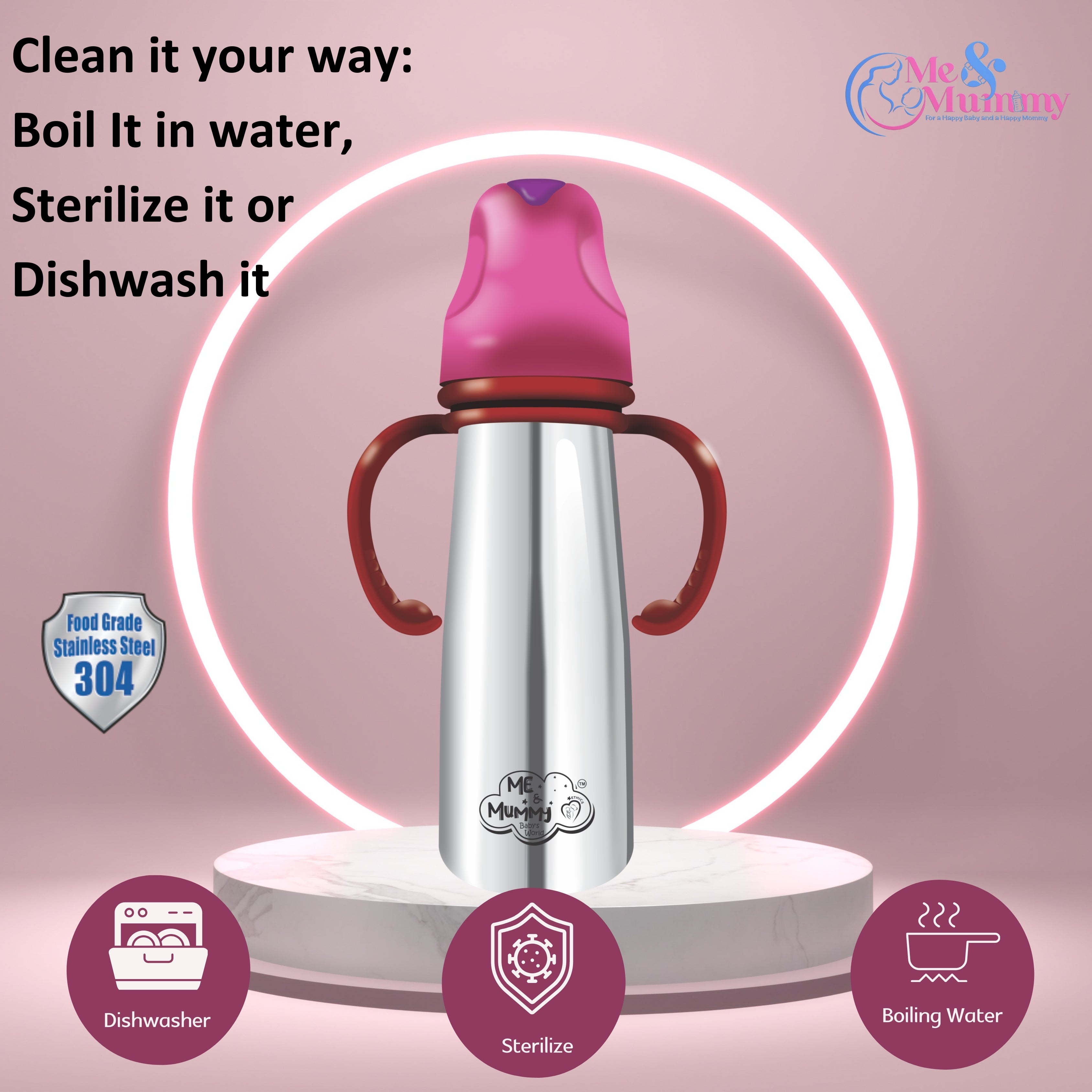 Me and mummy primo Stainless Steel Feeding Bottle for Baby | Premium Stainless Steel | Anti-Colic | BPA Free | Safe and Hygenic (260 ml - Regular Neck, Feeding Bottle)