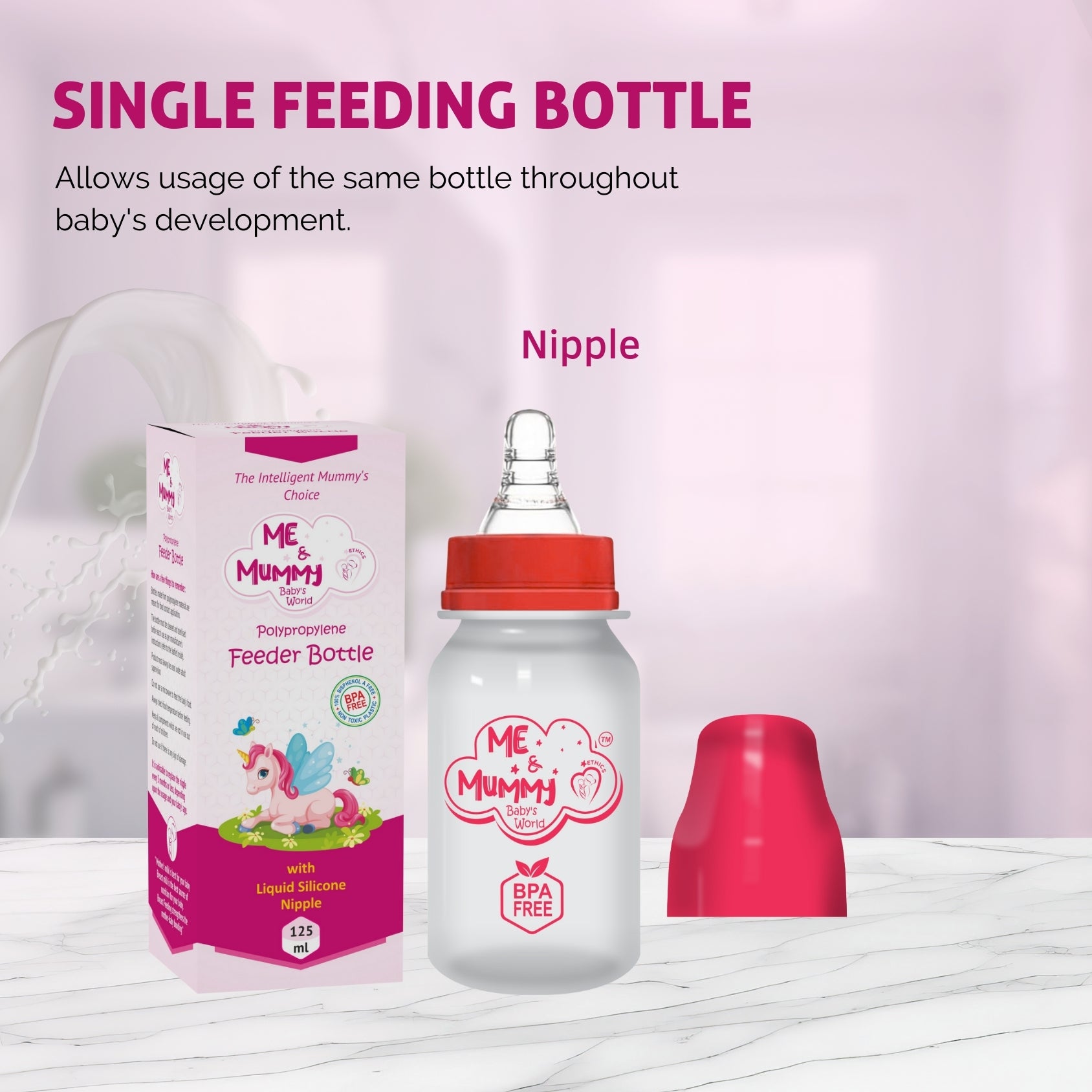 unicorn Anti-Colic Slim Regular Neck Essential Bpa-Free Baby Feeding Bottle, 125Ml, Pack Of 1, pink