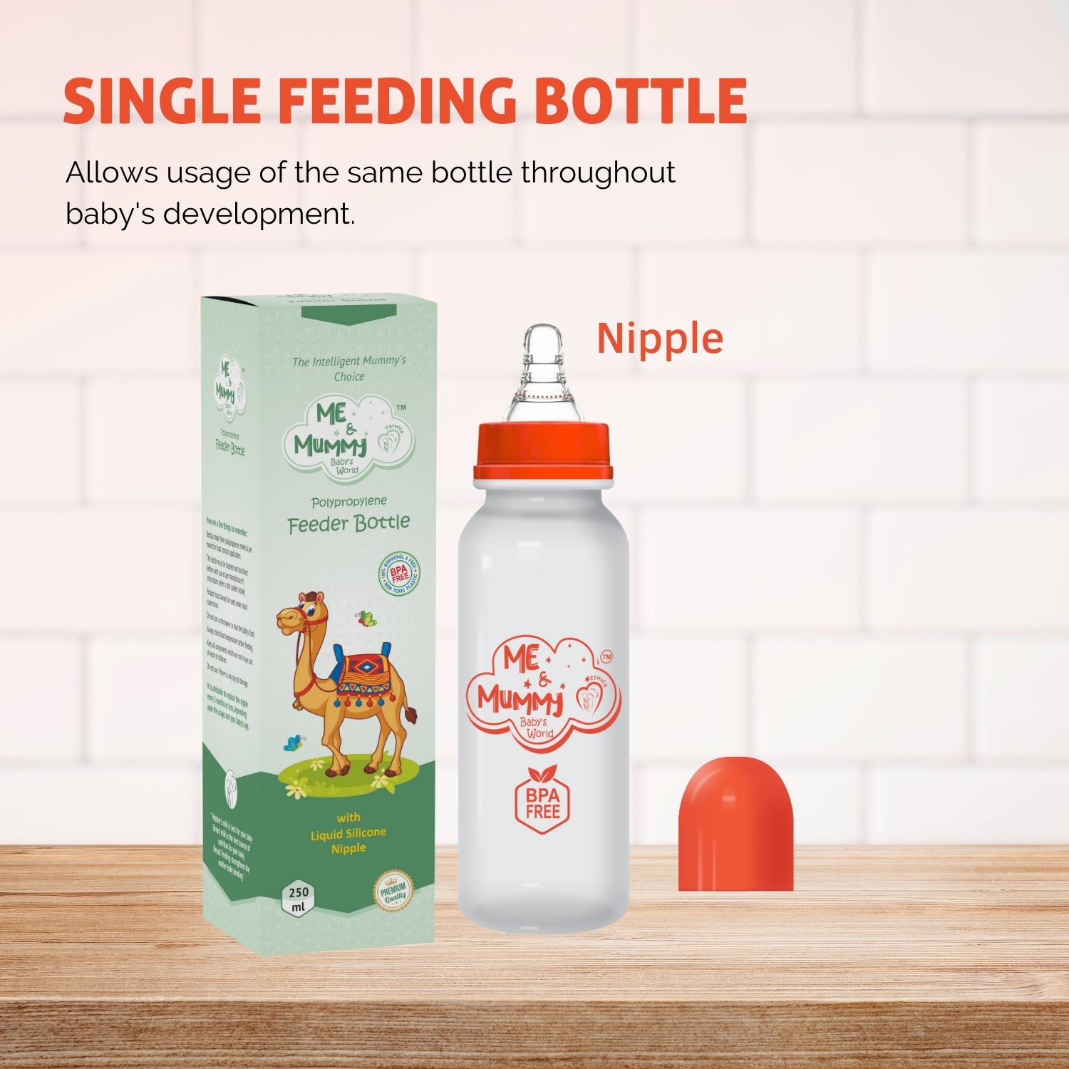 Camel anti-Colic Slim Regular Neck Essential Bpa-Free Baby Feeding Bottle, 250Ml, Pack Of 1, Orange+Transparent