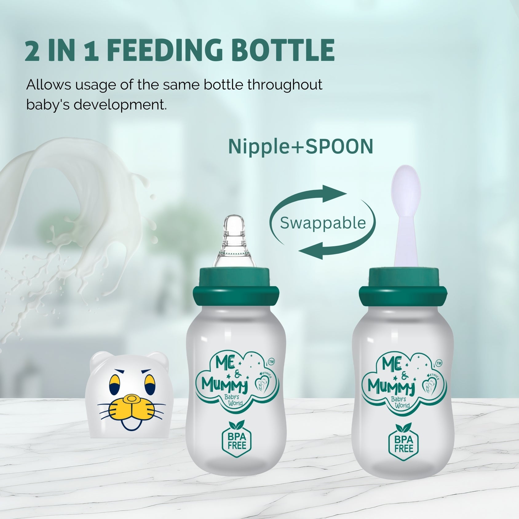 Tiger Anti-Colic Slim Regular Neck Essential Bpa-Free Baby Feeding Bottle, 125Ml, Pack Of 1, GREEN