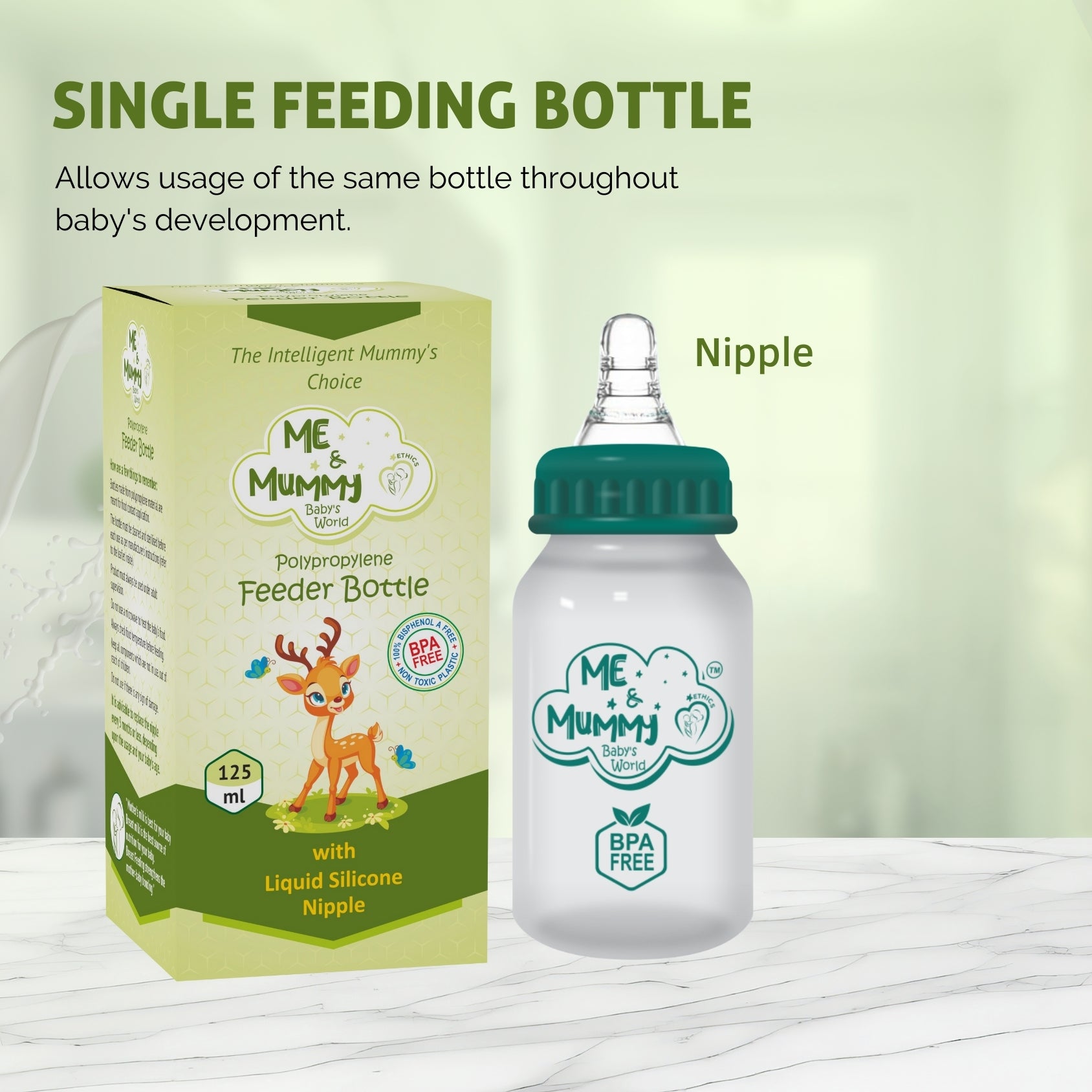 DEER Anti-Colic Slim Regular Neck Essential Bpa-Free Baby Feeding Bottle, 125Ml, Pack Of 1, GREEN