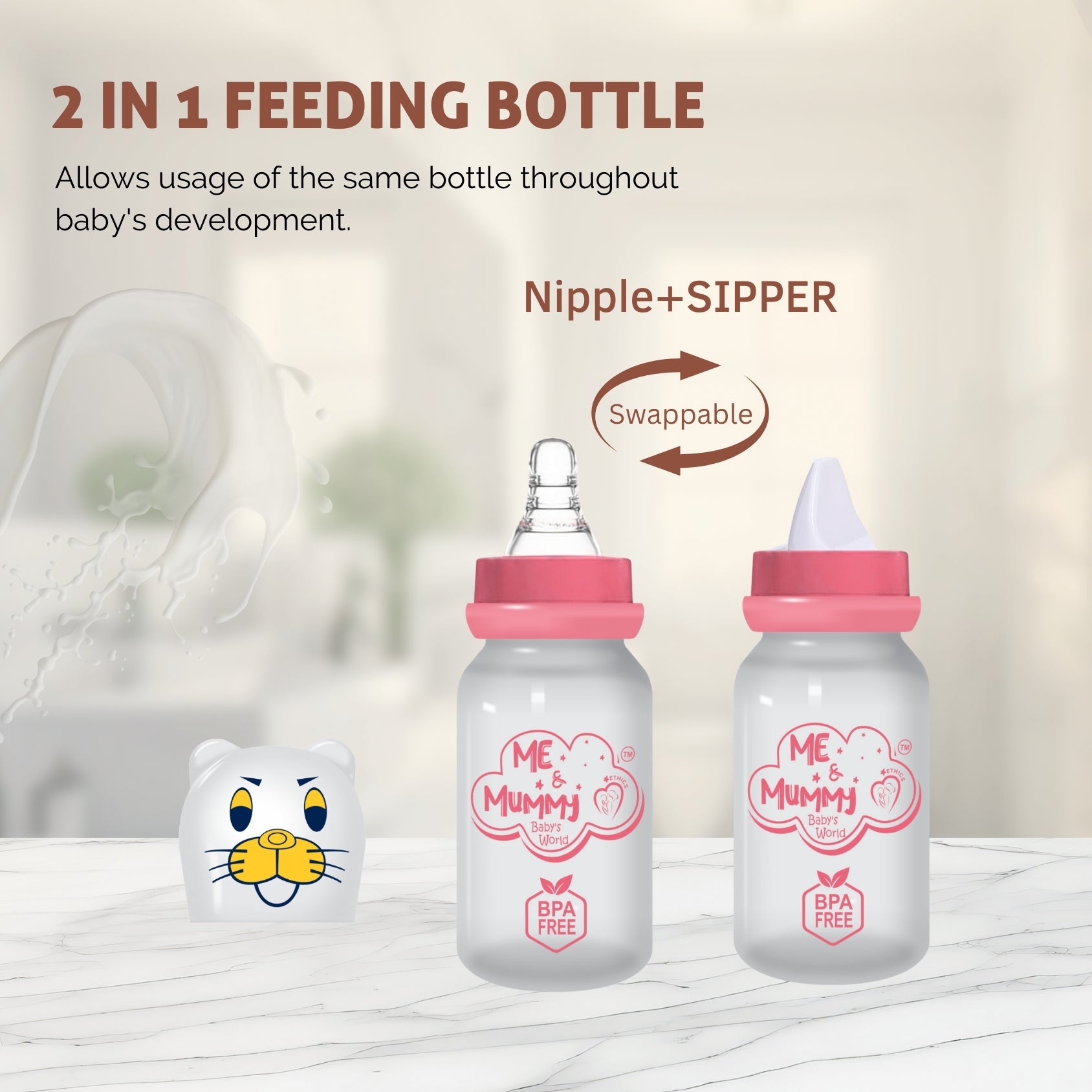 Leapord Anti-Colic Slim Regular Neck Essential Bpa-Free Baby Feeding Bottle, 125Ml, Pack Of 1, Pink