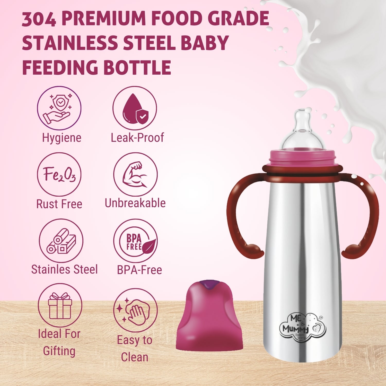 Me and mummy primo Stainless Steel Feeding Bottle for Baby | Premium Stainless Steel | Anti-Colic | BPA Free | Safe and Hygenic (260 ml - Regular Neck, Feeding Bottle)