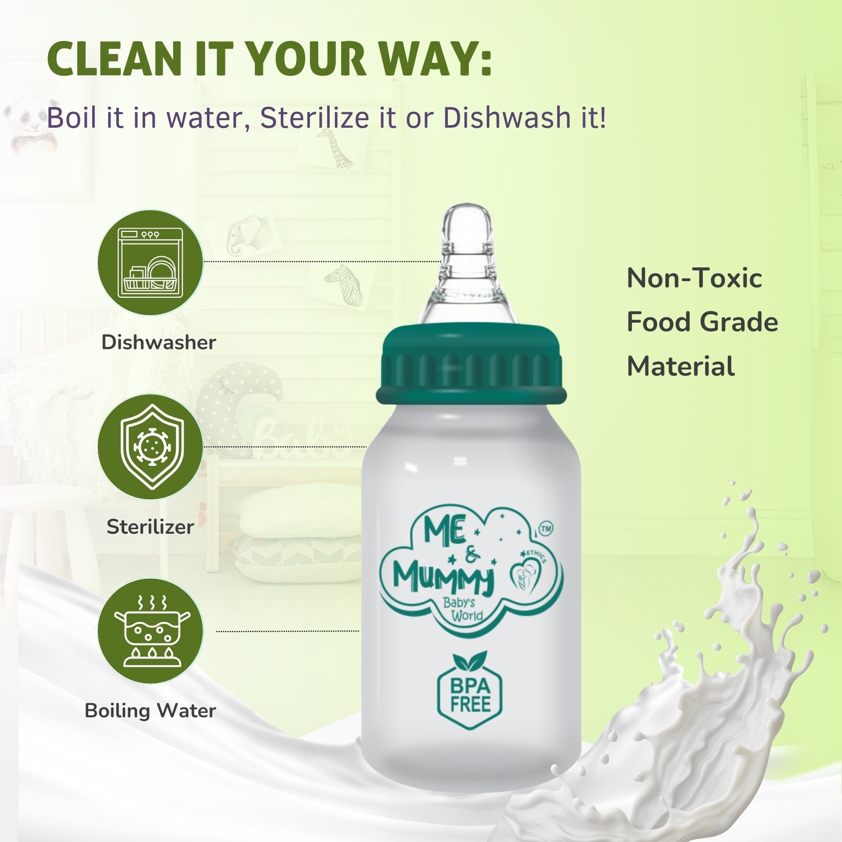 DEER Anti-Colic Slim Regular Neck Essential Bpa-Free Baby Feeding Bottle, 125Ml, Pack Of 1, GREEN