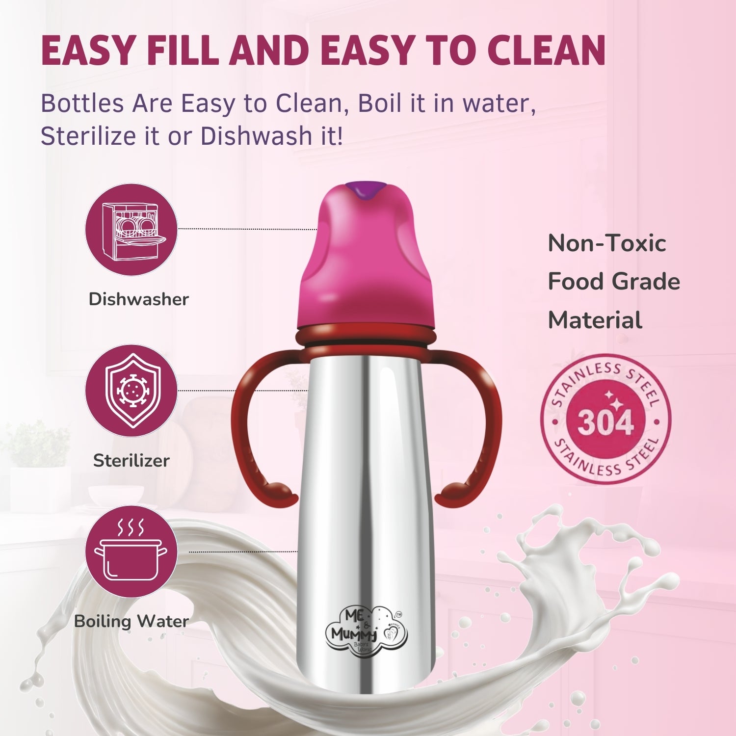 Me and mummy primo Stainless Steel Feeding Bottle for Baby | Premium Stainless Steel | Anti-Colic | BPA Free | Safe and Hygenic (260 ml - Regular Neck, Feeding Bottle)