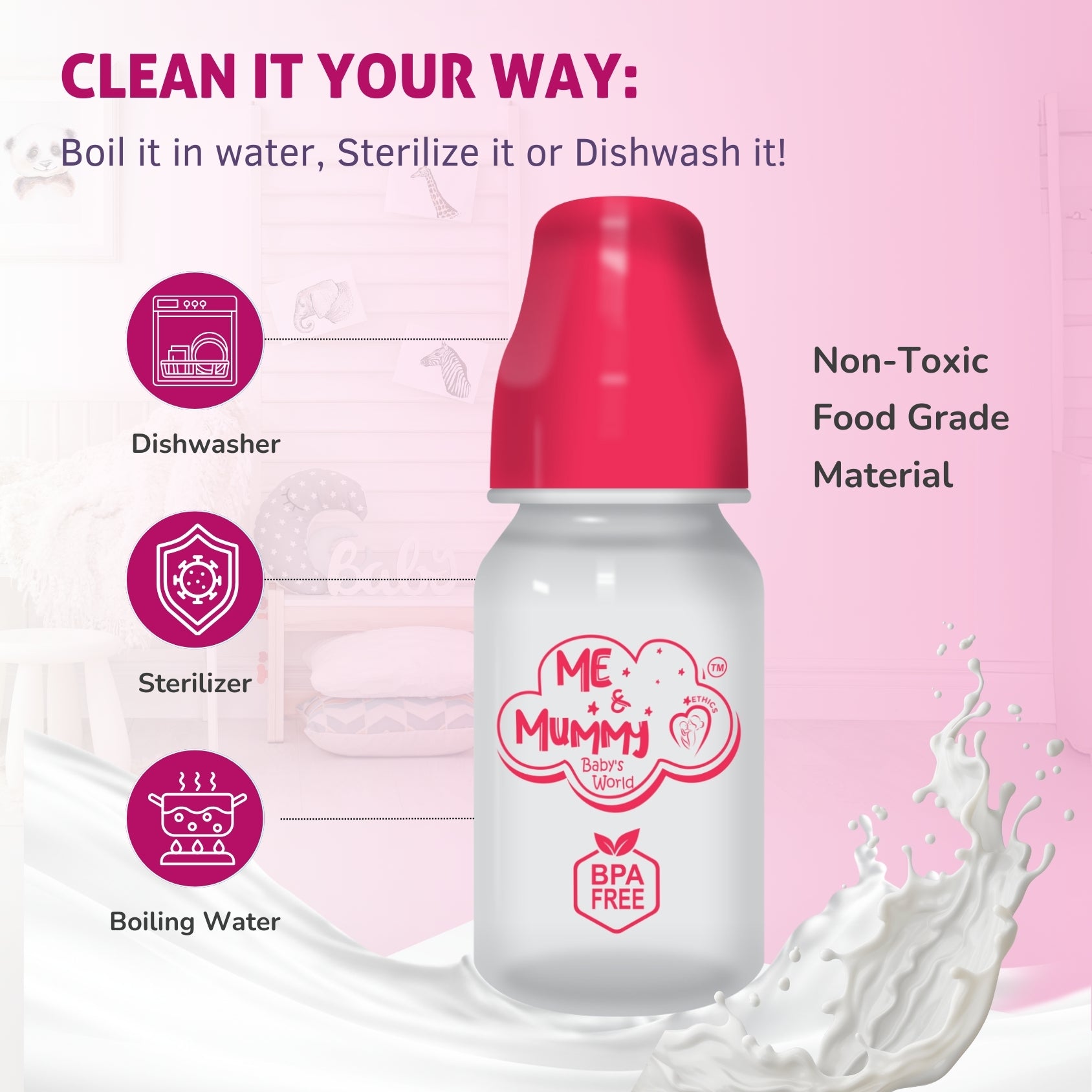 unicorn Anti-Colic Slim Regular Neck Essential Bpa-Free Baby Feeding Bottle, 125Ml, Pack Of 1, pink