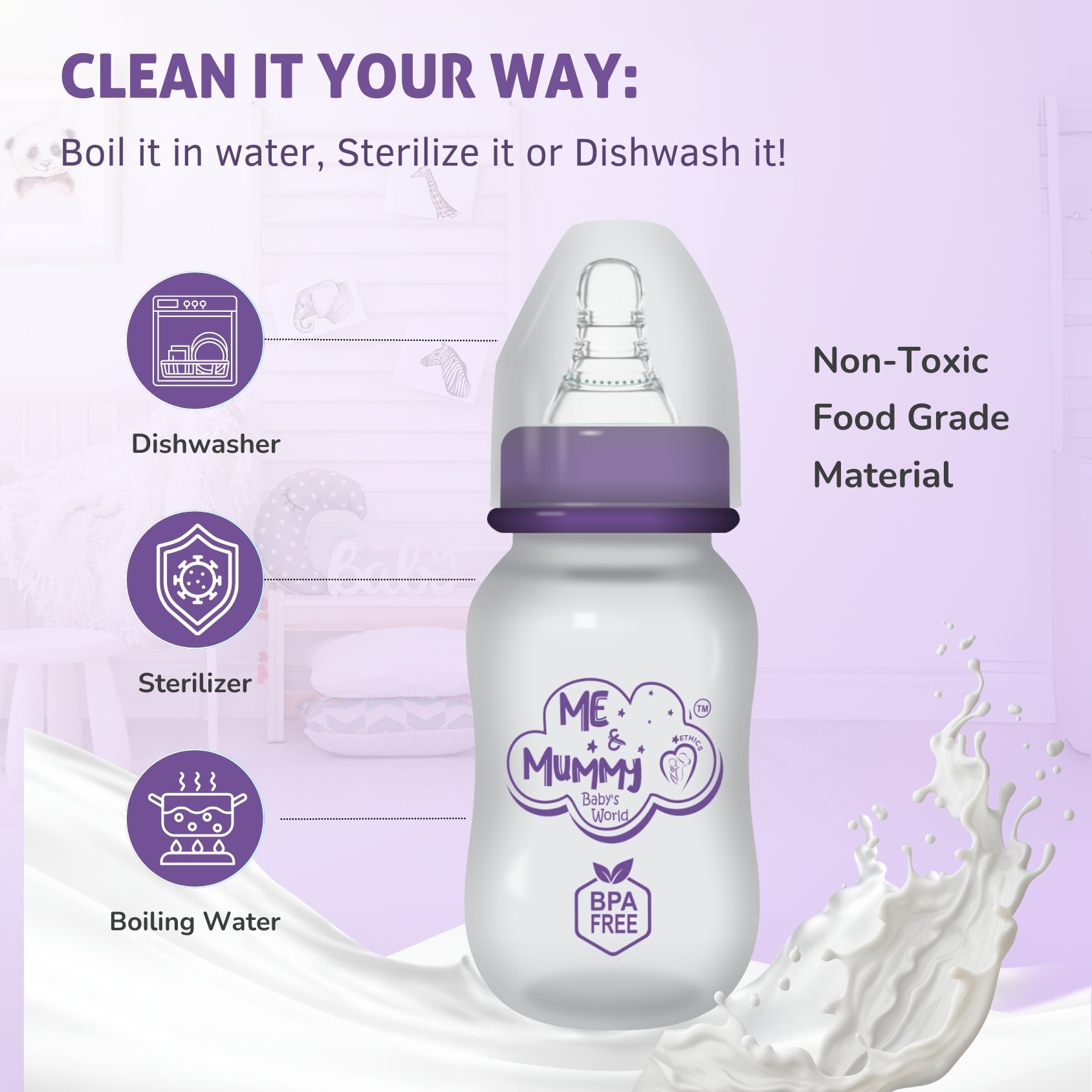Elephant Anti-Colic Slim Regular Neck Essential Bpa-Free Baby Feeding Bottle, 125Ml, Pack Of 1, purple